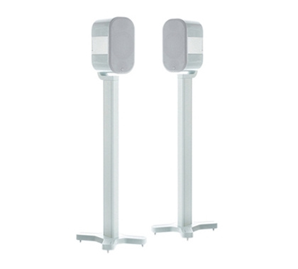 Högtalare på stativ, modern design i vitt och grått.