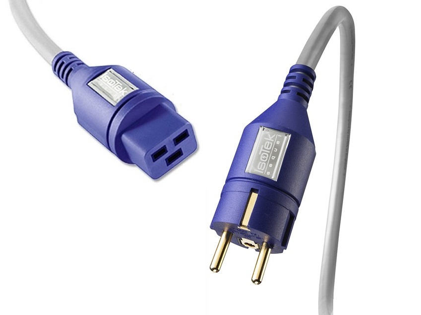 En 2 meter lång jordad nätkabel med C19-kontakt, blå och grå design.