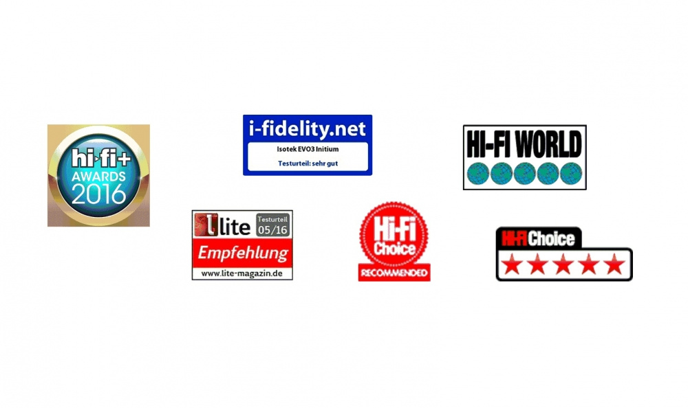 Logotyper och utmärkelser för olika ljudprodukter och kvalitetssäkringar.