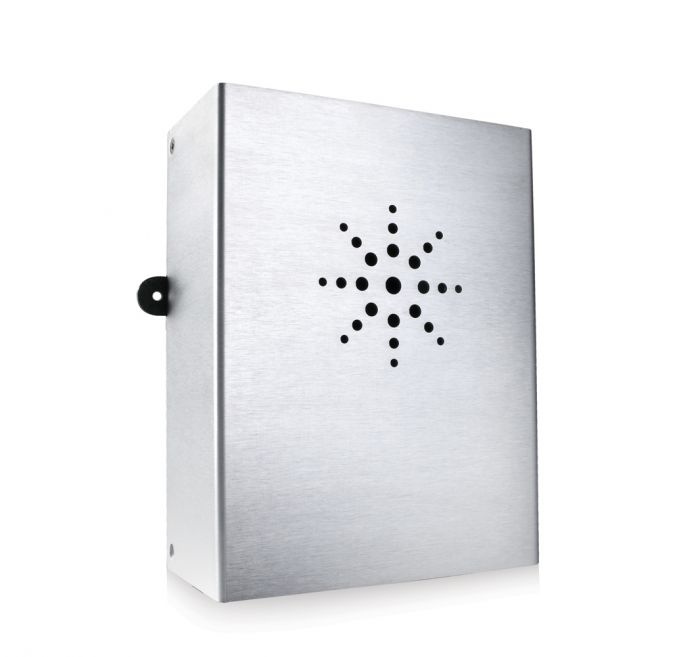 Nätfilter med metallhölje och perforerad yta för ljud- och bildapparater.