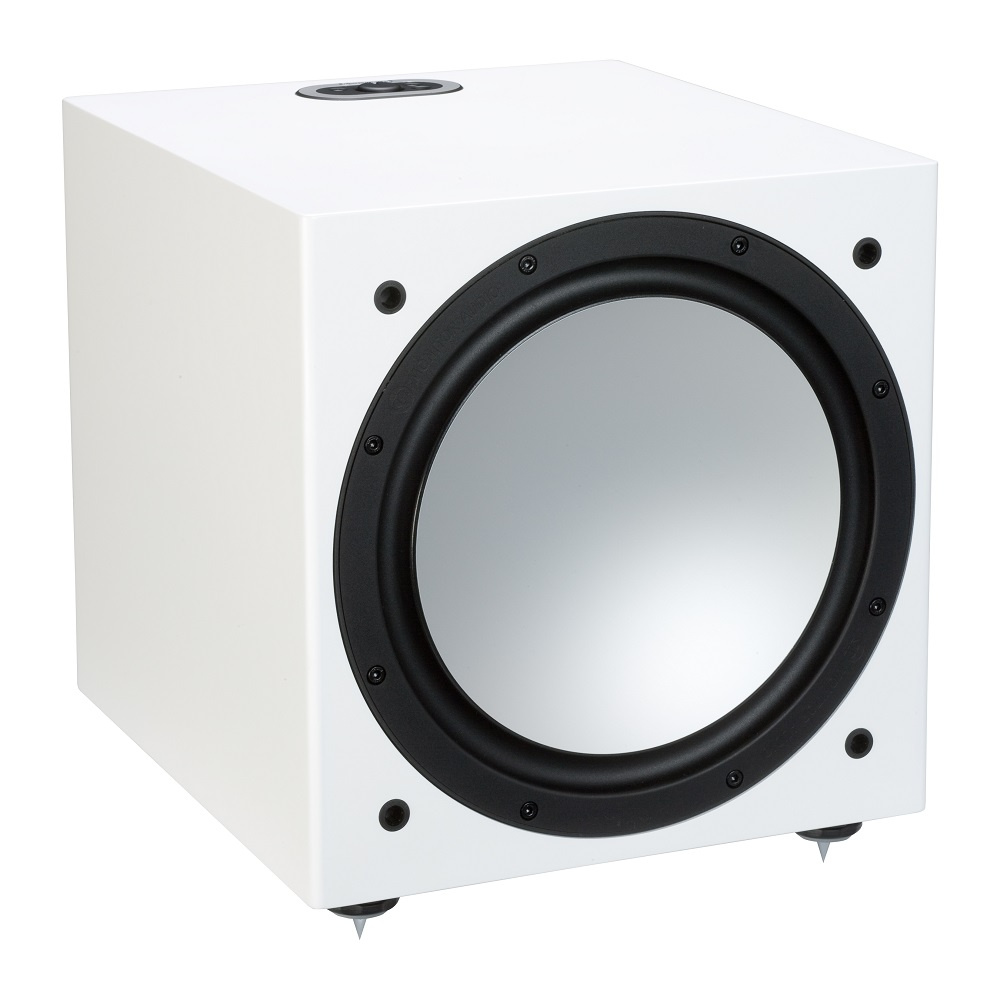 Aktiv subwoofer i matt vitt med rund, spegel-liknande front.