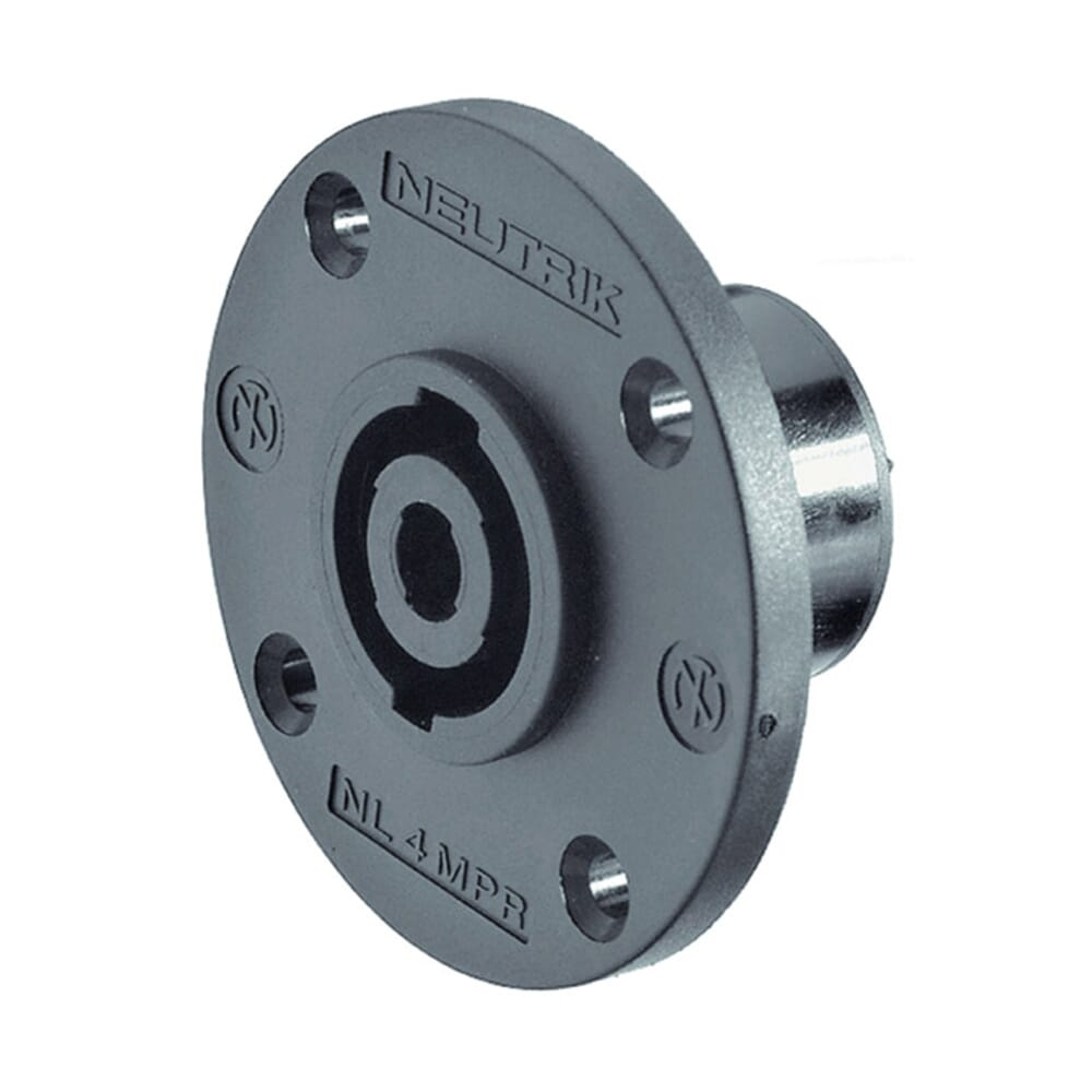 Svart 4-polig SpeakOn-koppling för högtalare, rund design med monteringshål.