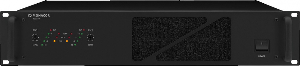 PA-förstärkare med två kanaler och 240W effekt per kanal, svart enhet.