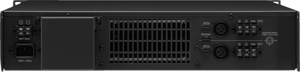 Förstärkare med två kanaler och anslutningar för 100V PA-system.