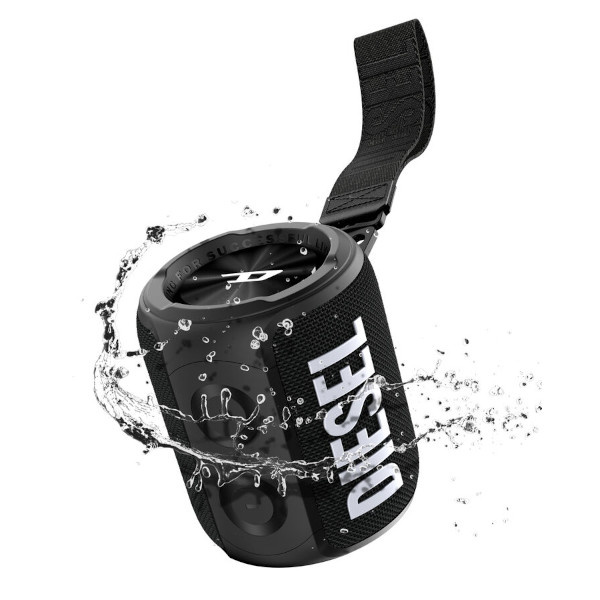 Bärbar svart Bluetooth-högtalare med vattenskydd och längre batteritid.