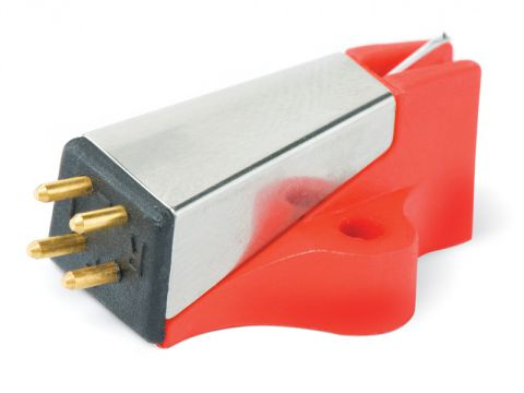 En liten, silverfärgad pickup med röd bas och fyra anslutningsstift.