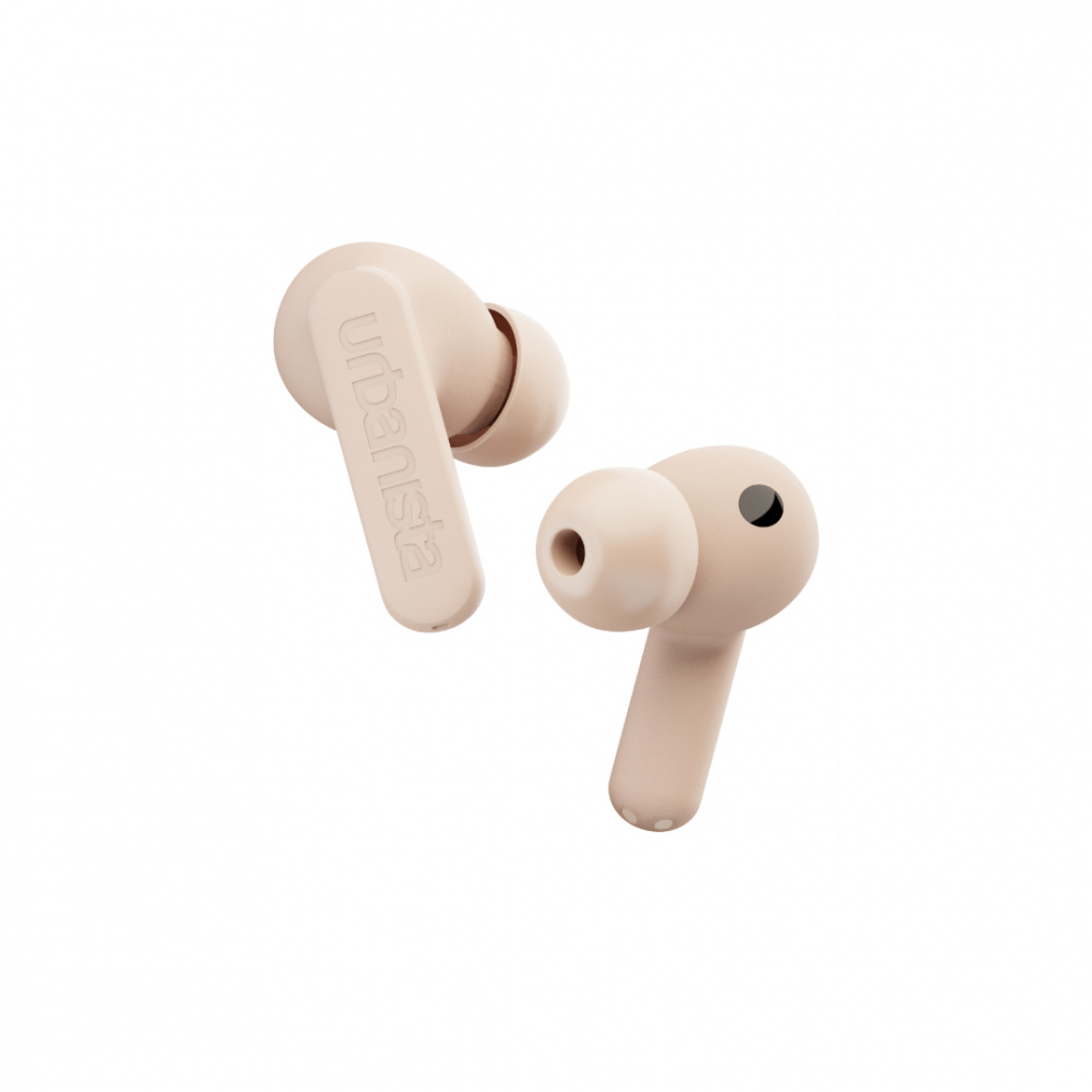 Två trådlösa hörlurar i rosa med en enkel och stilren design.