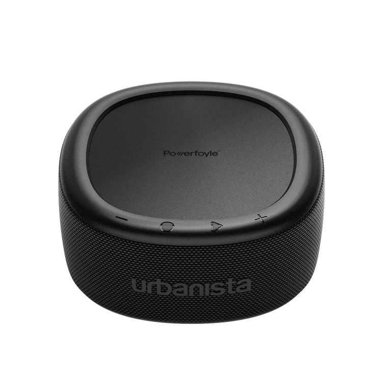 En svart Bluetooth-högtalare med solcellsaddning och rundad form.