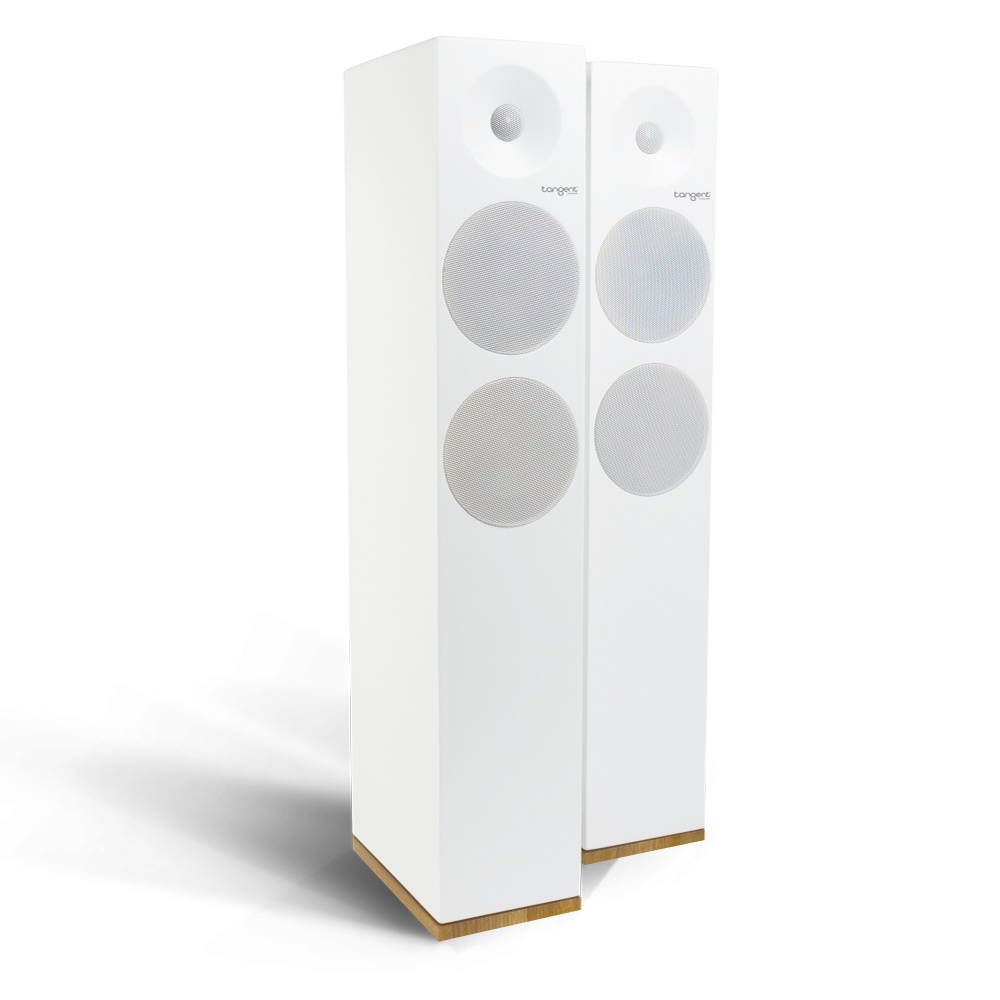 Högtalare i vitt med två element och bas, stilren design.