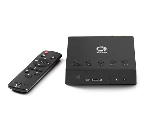 Svart stereoförstärkare med fjärrkontroll, Wi-Fi och Bluetooth-funktioner.