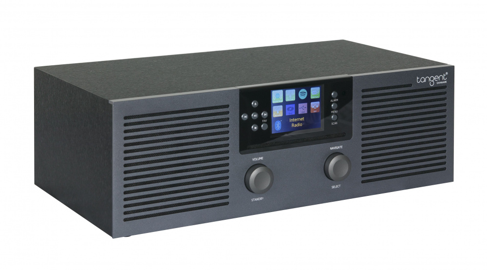 Svart radio med Bluetooth, DAB+, display och kontroller. Multi-funktionssystem.