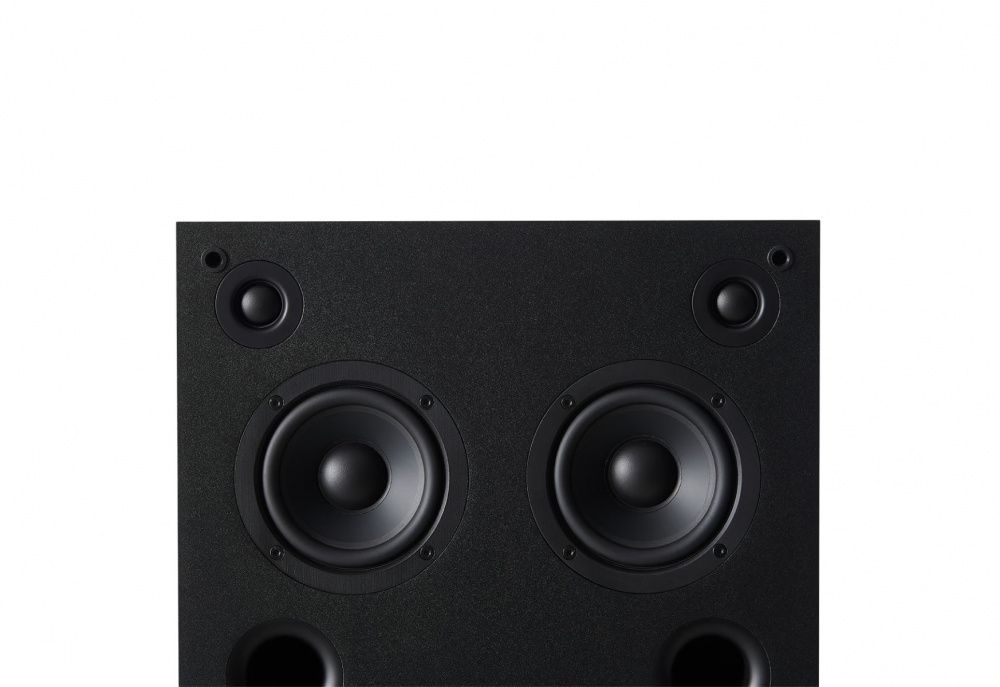 Svart högtalare med två stora och två små element. Enkel och modern design.