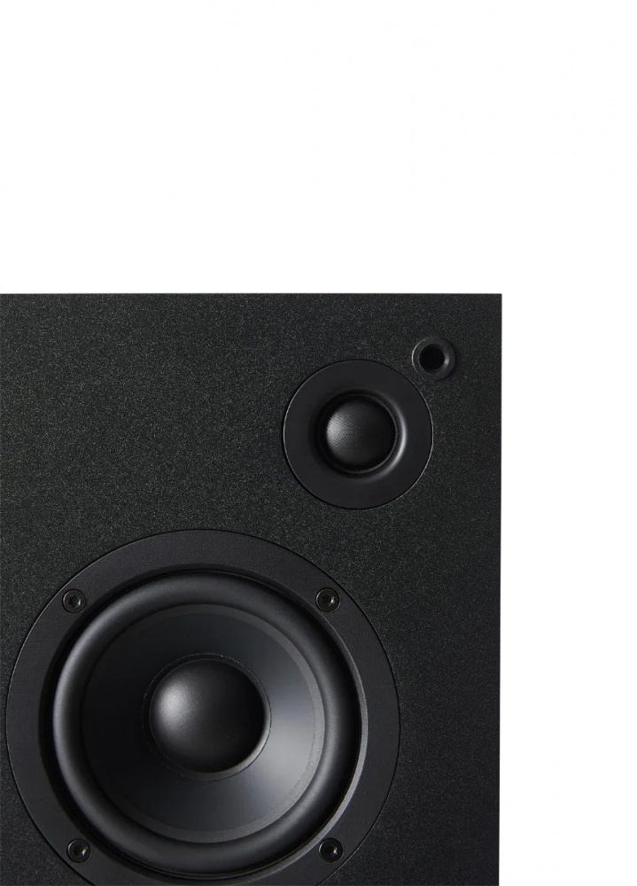 Svart kvadratisk Bluetooth-högtalare med två ljudelement.