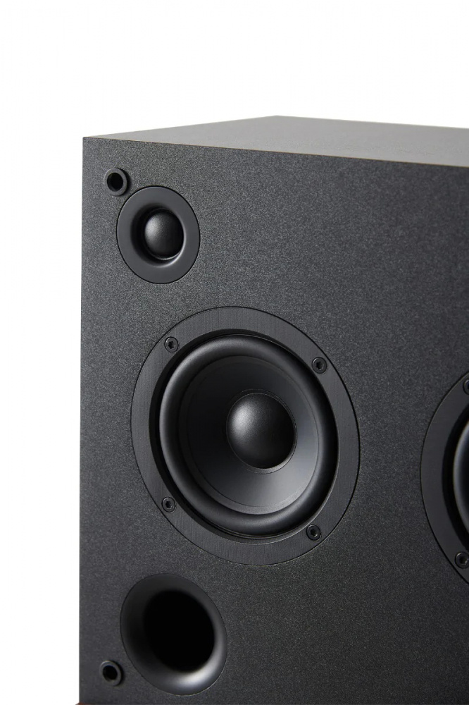 En svart kvadratisk Bluetooth-högtalare med två högtalarelement.