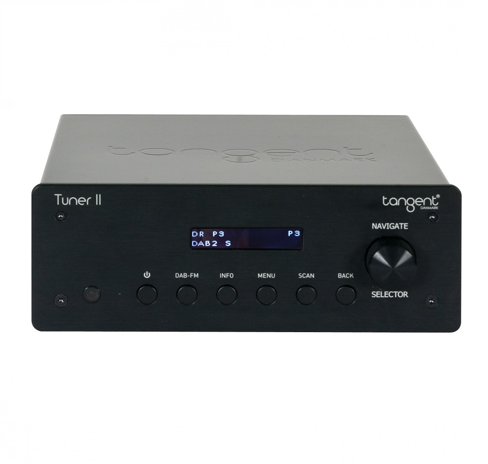 Kompakt DAB och FM-radiotuner med digital display och kontroller.