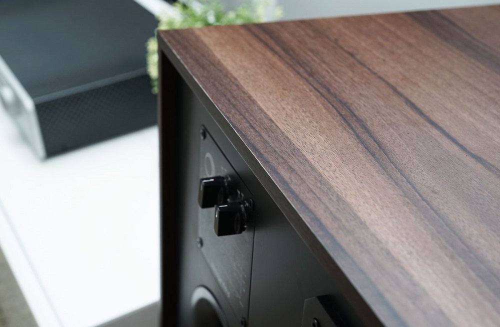 Golvhögtalare med träfinish och kontroller på ovansidan.