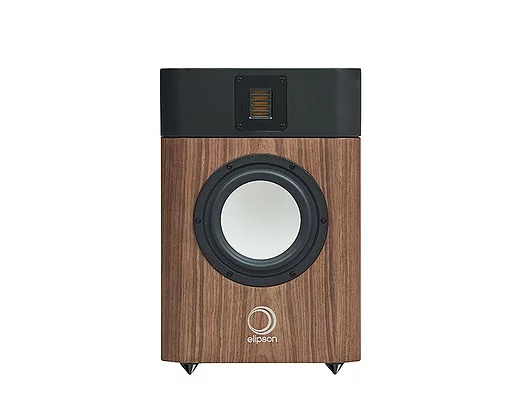 Högtalare med trämönster, rund bas, och svart topp. Elegant och modern design.