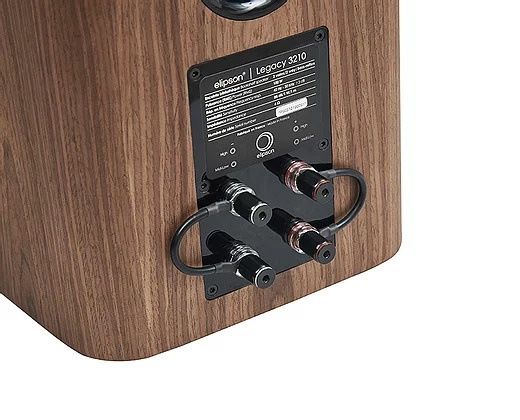 Högtalare med träfinish och anslutningar på baksidan.