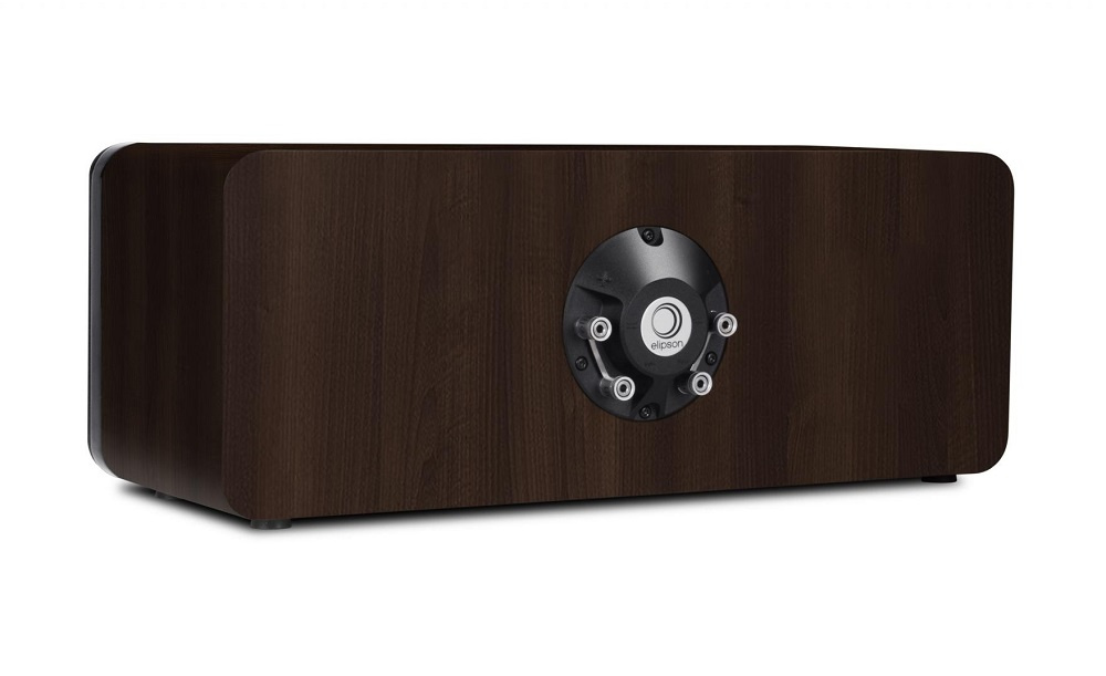 En centerhögtalare i valnöt med rund huvudstruktur och flera anslutningar.