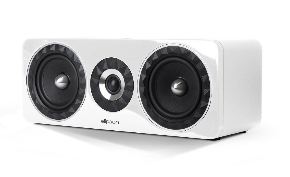 Centerhögtalare med två basar och en diskant, vit finish, stilren design.