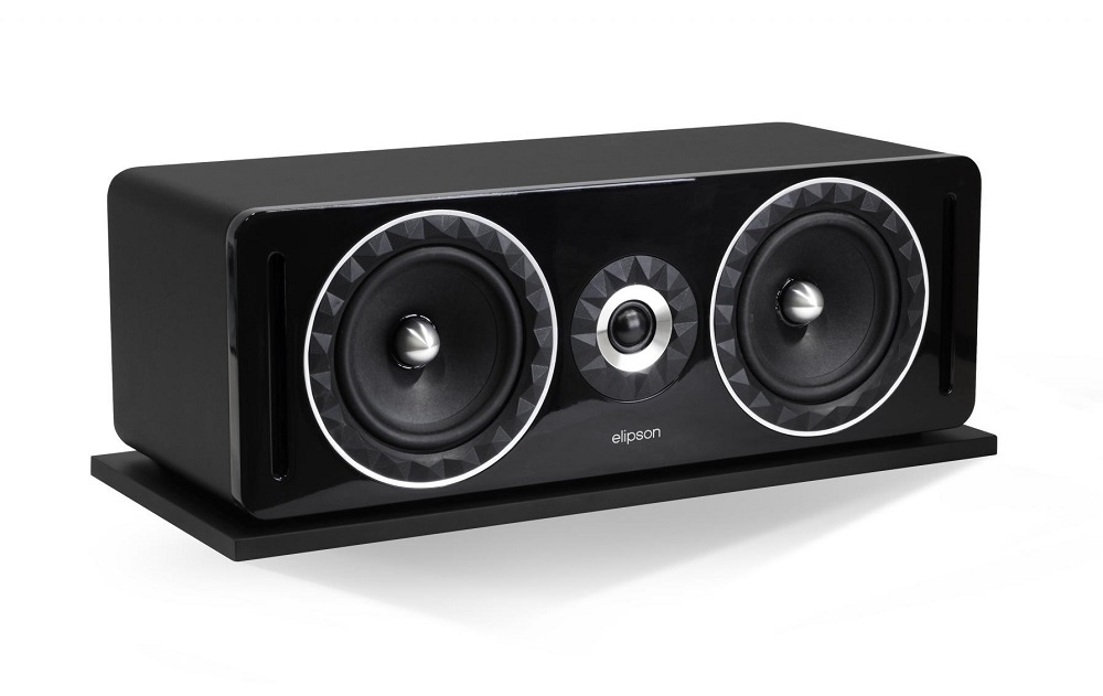 Svart centerhögtalare med två woofer och elegant design.