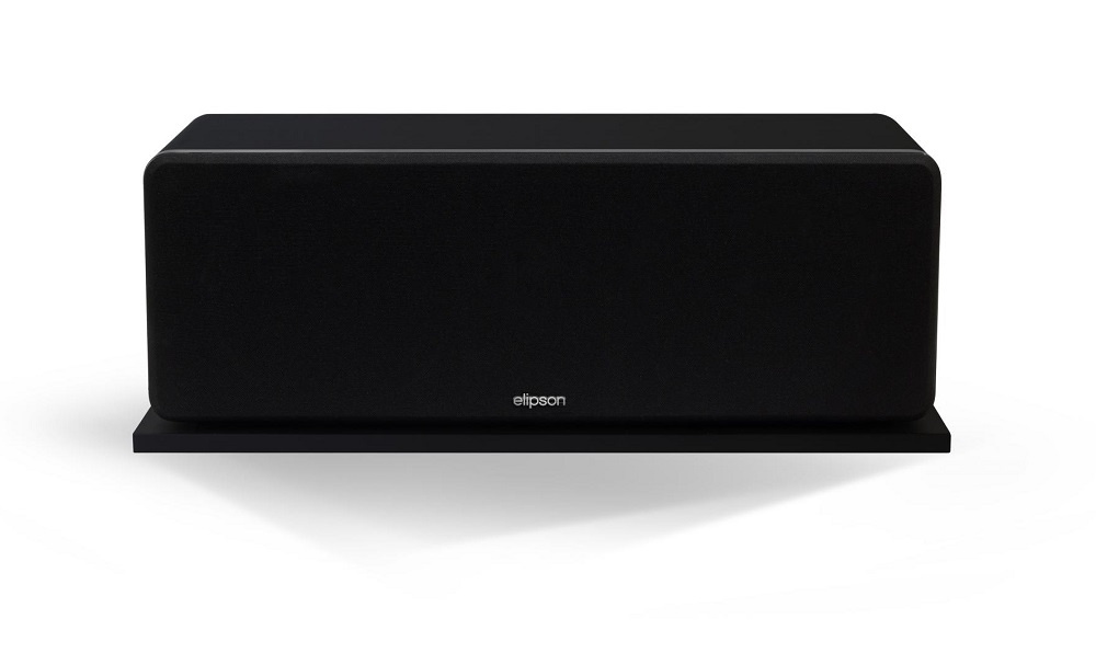 Svart centerhögtalare med slät front och stabil bas. Elegant design.