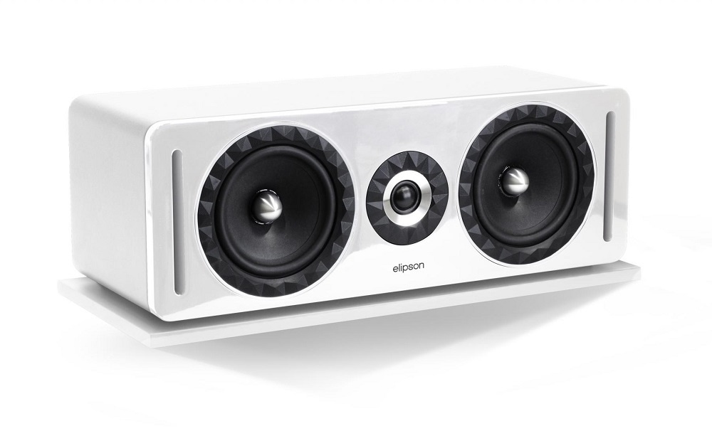 Centerhögtalare i vit finish med två stora och en mindre högtalare.