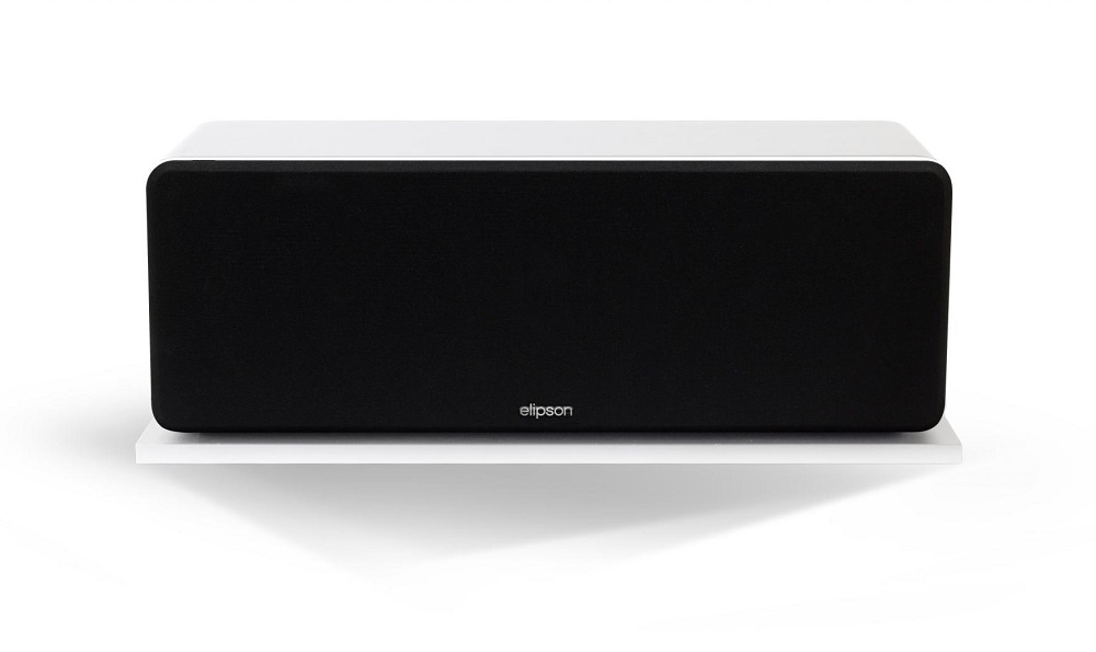 En vit centerhögtalare med svart front, stilren och modern design.