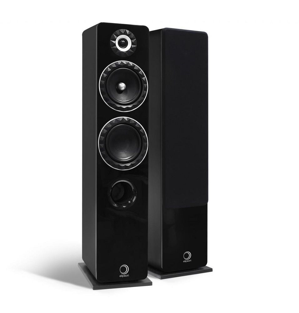 Svarta golvhögtalare med modern design och flera högtalarelement.