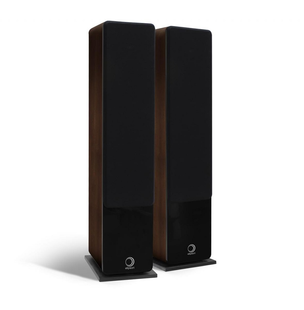 Golvhögtalare i valnöt med svart front, elegant och stilren design.