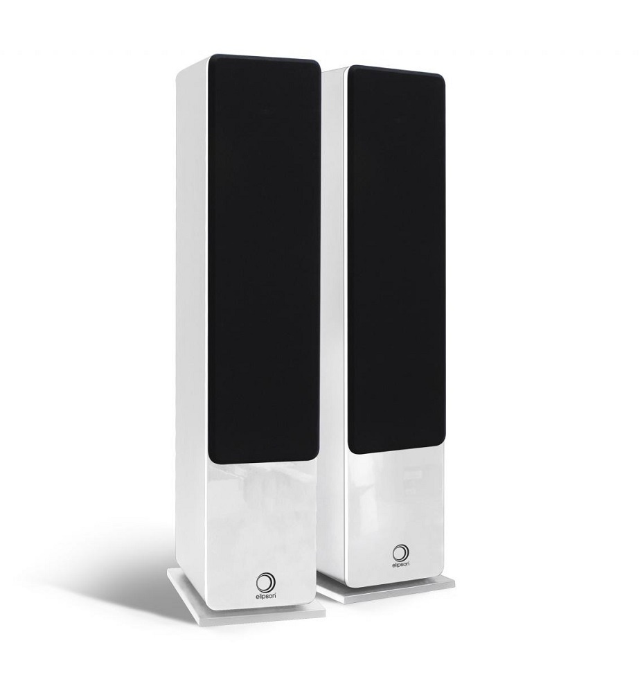 Två vita golvhögtalare med svarta frontpaneler. Elegant och modern design.