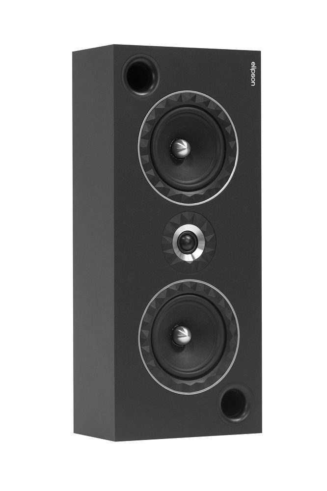 Vägghögtalare med två basar och en diskant, svart design.