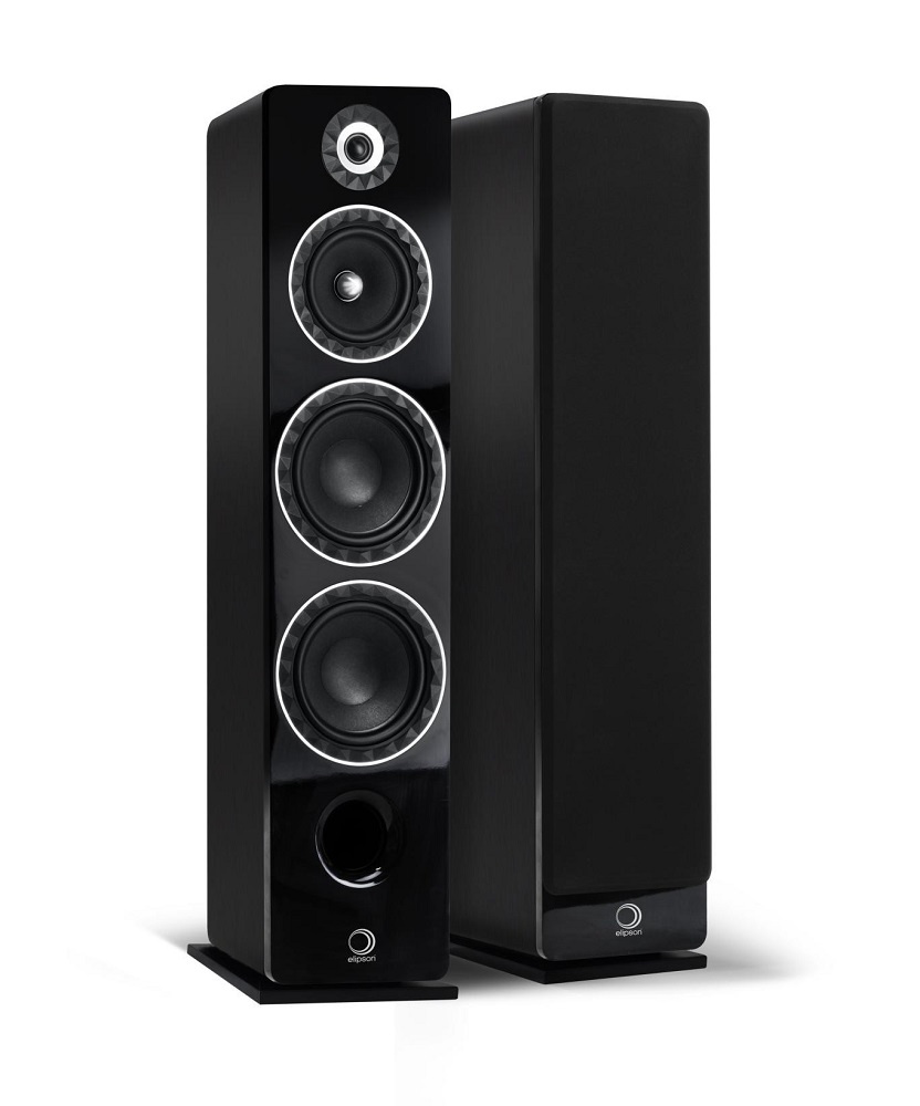 Svarta golvhögtalare med tre enheter och elegant design.