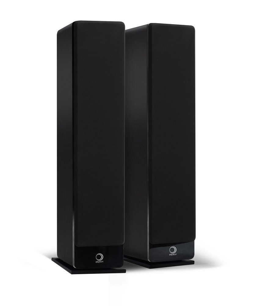 Svarta golvhögtalare med elegant design och släta framsidor.