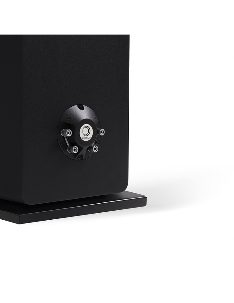 Svart golvhögtalare med rund diskant och stabil bas.