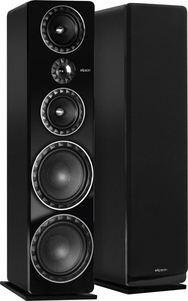 Golvhögtalare i svart med flera högtalarelement för kraftfull ljudåtergivning.