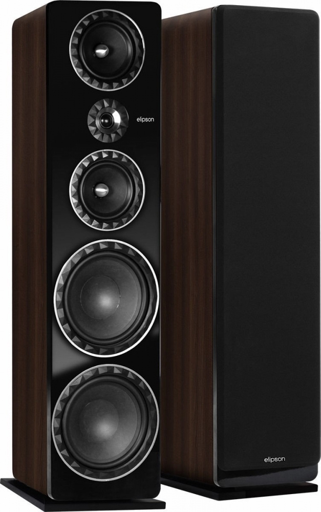 Golvhögtalare med valnötsfinish och flera högtalardrivrutiner.