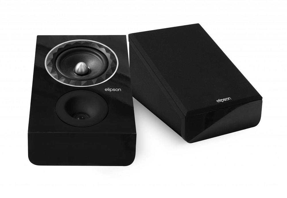 Svarta Elipson Prestige Facet 6ATM Atmos-högtalare i par med elegant design.