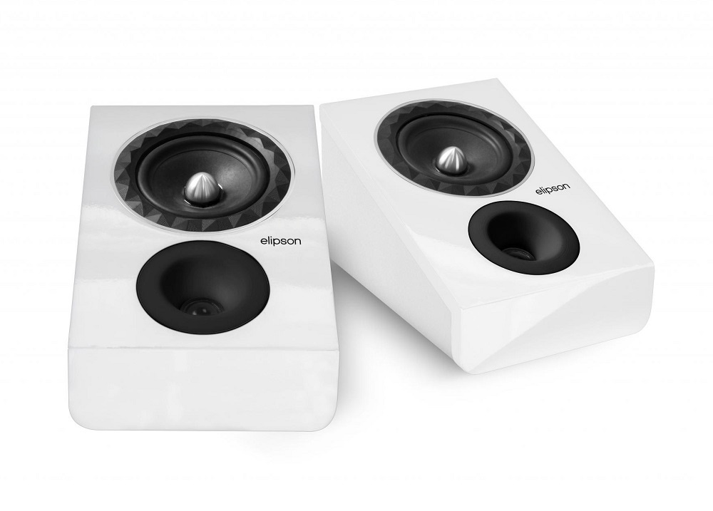 Vita Atmos-högtalare med rundad design och två högtalarelement.