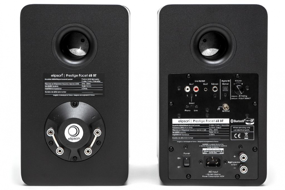 Svarta aktiva högtalare med Bluetooth, regulatorer och anslutningsportar.