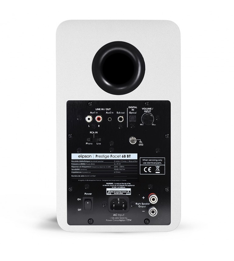 Baksidan av en vit aktiv högtalare med anslutningar och kontroller.