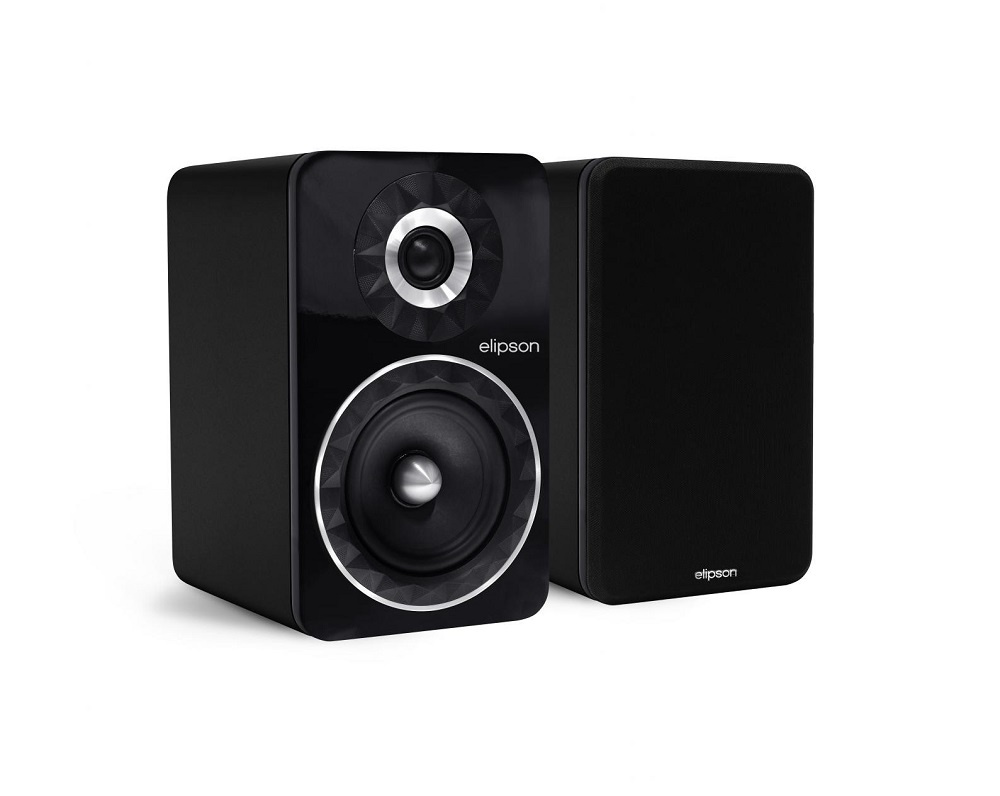 Svarta stativhögtalare, Elipson Prestige Facet PF6B, med elegant design.