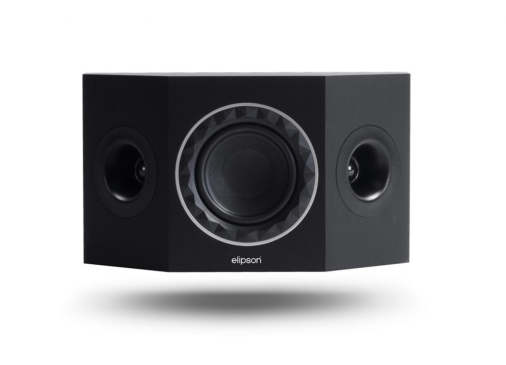 Surroundhögtalare i svart med en rund bas och två sidohögtalare.