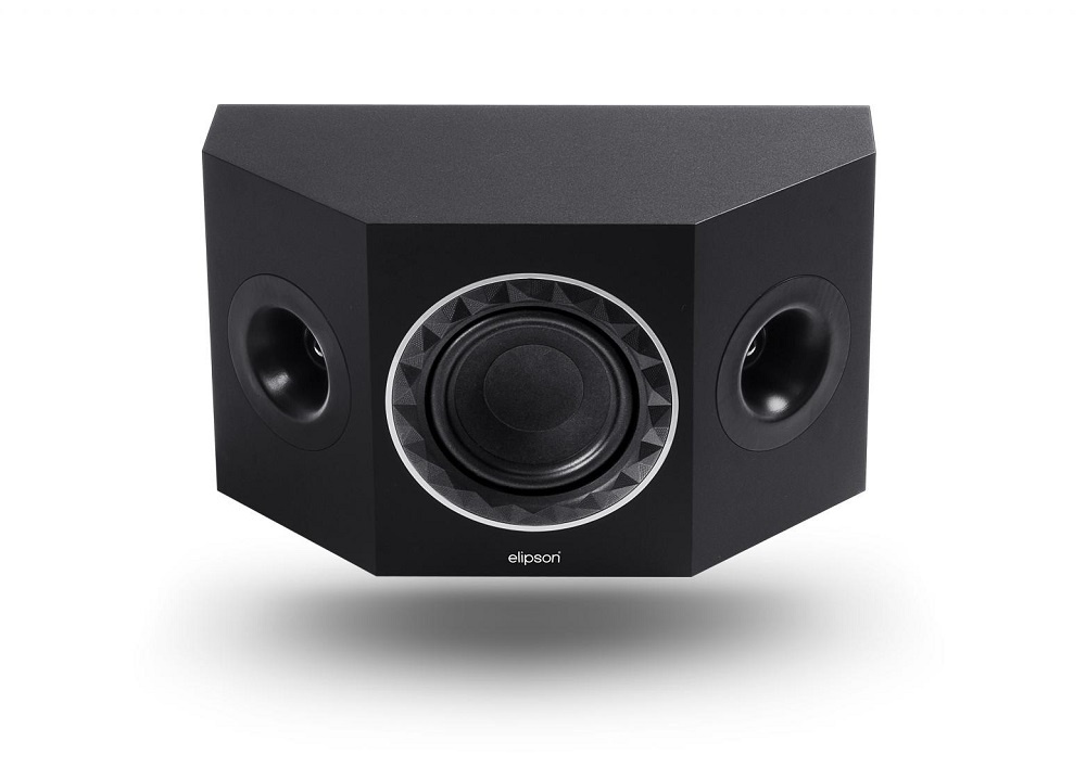 Svart surroundhögtalare med sexkantig design och två sidokanter.