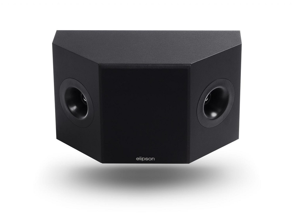 Svart surroundhögtalare med två högtalarelement och unik form.