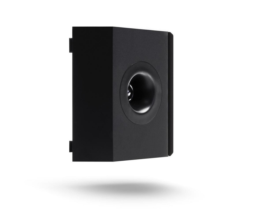 Svart surroundhögtalare med moderne design och rund högtalare.