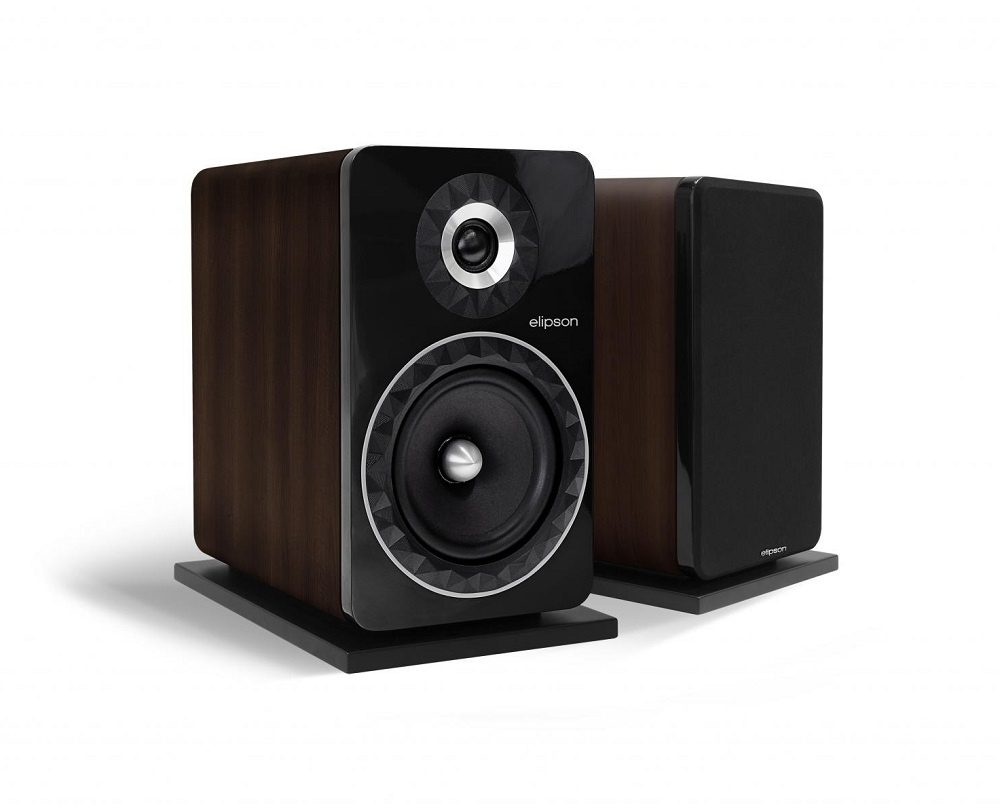 Stativhögtalare i valnöt, svart och elegant design. Par av Elipson Prestige Facet PF8B.