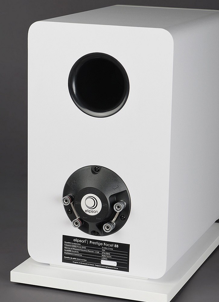 Stativhögtalare i vitt, rund port bak, modern design, Elipson Prestige Facet PF8B.