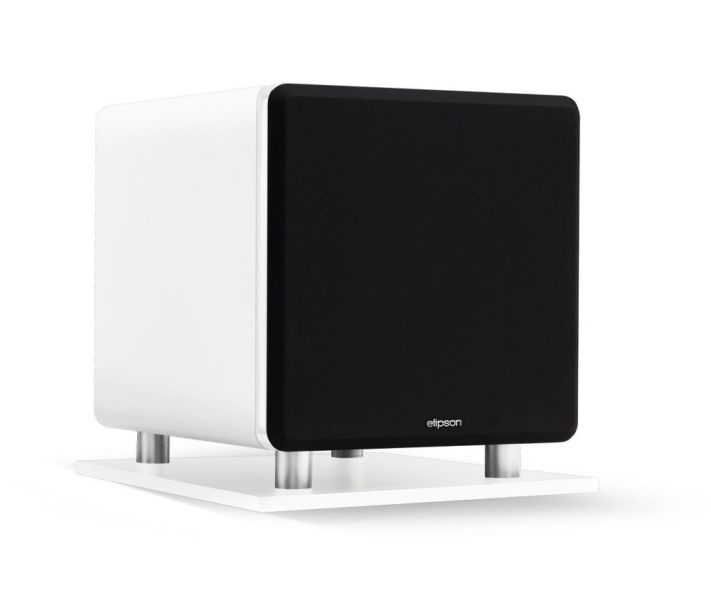 Subwoofer med vit och svart design, fyrkantig form och metallben.