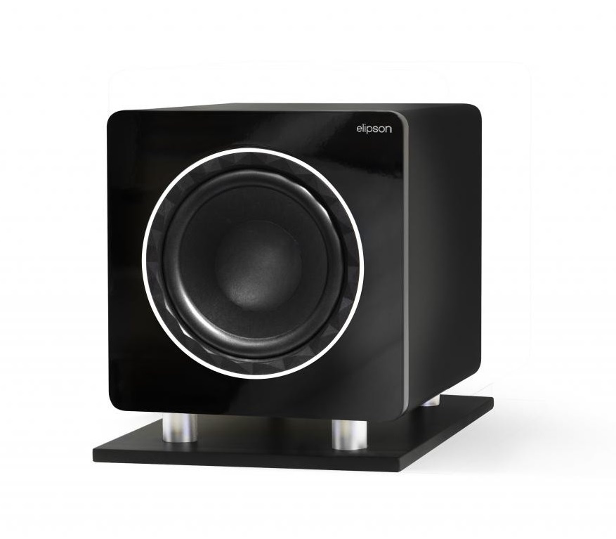 Svart subwoofer med rund högtalartiva och stilren design.